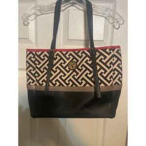 Spartina 449 Daufuskie Island Linen Leather Tote Bag Black Cream Geometric Greek